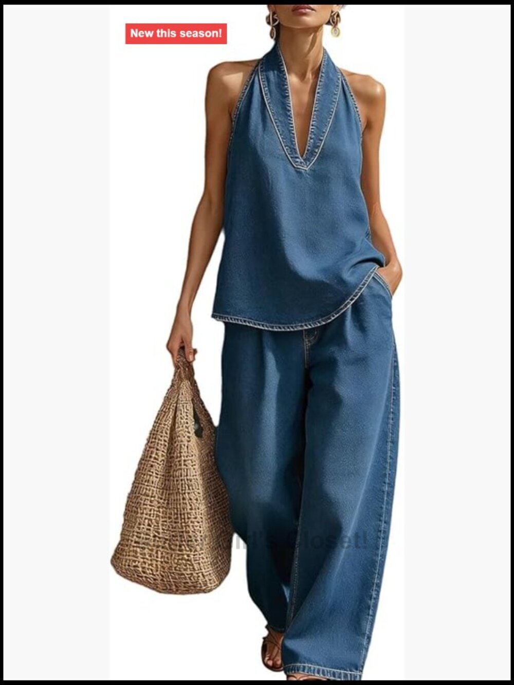 Denim Two Piece Set V Neck Sleeveless Top Wide Leg Pants Streetwear
